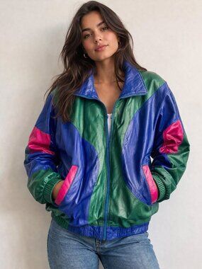 Pano Sereti Multicolor Green Blue Pink Bomber Jacket w Sheared Rabbit Liner S